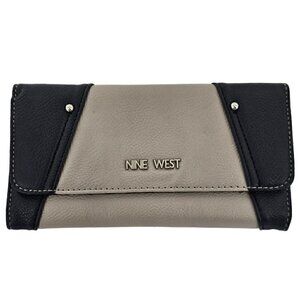 NINE WEST Large Tri-Fold Black and Beige Color Block Faux Leather Wallet